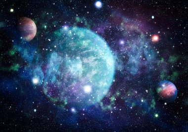 Gezegen ve galaksinin yıldızları serbest uzayda. Bu görüntünün elementleri NASA tarafından desteklenmektedir .