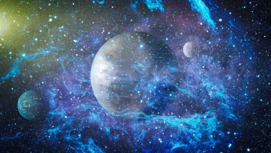 Gezegen ve galaksinin yıldızları serbest uzayda. Bu görüntünün elementleri NASA tarafından desteklenmektedir .