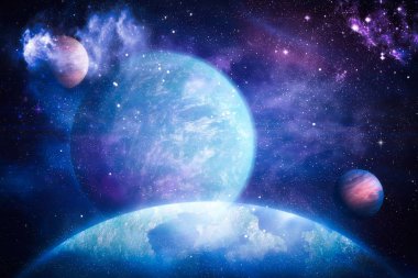 Gezegen ve galaksinin yıldızları serbest uzayda. Bu görüntünün elementleri NASA tarafından desteklenmektedir .