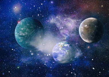 Gezegen ve galaksinin yıldızları serbest uzayda. Bu görüntünün elementleri NASA tarafından desteklenmektedir .