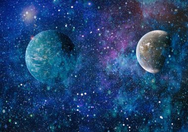 Gezegen ve galaksinin yıldızları serbest uzayda. Bu görüntünün elementleri NASA tarafından desteklenmektedir .