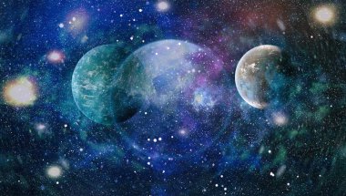 Gezegen ve galaksinin yıldızları serbest uzayda. Bu görüntünün elementleri NASA tarafından desteklenmektedir .