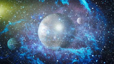 Gezegen ve galaksinin yıldızları serbest uzayda. Bu görüntünün elementleri NASA tarafından desteklenmektedir .