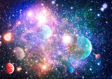 Gezegen ve galaksinin yıldızları serbest uzayda. Bu görüntünün elementleri NASA tarafından desteklenmektedir .