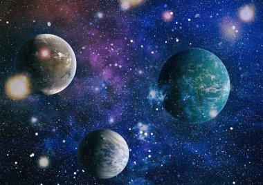 Gezegen ve galaksinin yıldızları serbest uzayda. Bu görüntünün elementleri NASA tarafından desteklenmektedir .