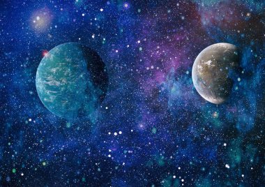 Gezegen ve galaksinin yıldızları serbest uzayda. Bu görüntünün elementleri NASA tarafından desteklenmektedir .