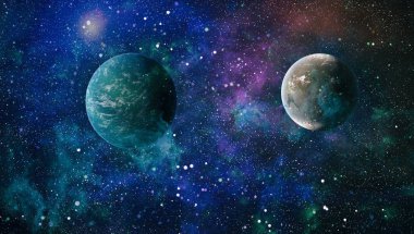 Gezegen ve galaksinin yıldızları serbest uzayda. Bu görüntünün elementleri NASA tarafından desteklenmektedir .