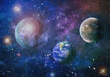 Gezegen ve galaksinin yıldızları serbest uzayda. Bu görüntünün elementleri NASA tarafından desteklenmektedir .