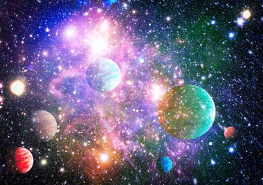 Gezegen ve galaksinin yıldızları serbest uzayda. Bu görüntünün elementleri NASA tarafından desteklenmektedir .