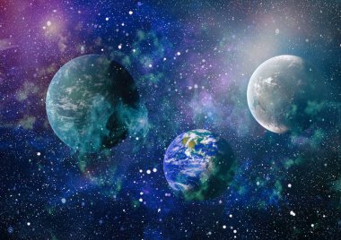 Gezegen ve galaksinin yıldızları serbest uzayda. Bu görüntünün elementleri NASA tarafından desteklenmektedir .