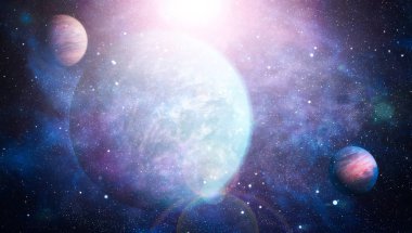Gezegen ve galaksinin yıldızları serbest uzayda. Bu görüntünün elementleri NASA tarafından desteklenmektedir .