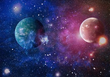 Gezegen ve galaksinin yıldızları serbest uzayda. Bu görüntünün elementleri NASA tarafından desteklenmektedir .