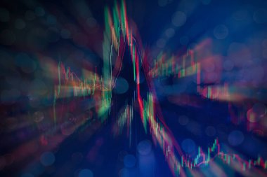 degrade mavi renk arka plan üzerinde çizgi grafik ve stok numaraları ile mali mum grafiği