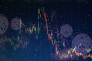 degrade mavi renk arka plan üzerinde çizgi grafik ve stok numaraları ile mali mum grafiği