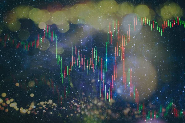 financial candlestick chart with line graph and stock numbers on gradient blue color background