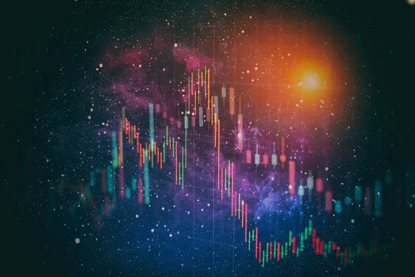 financial candlestick chart with line graph and stock numbers on gradient blue color background