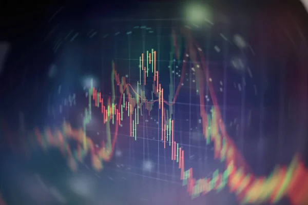 financial candlestick chart with line graph and stock numbers on gradient blue color background