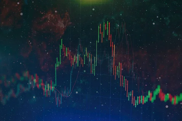 financial candlestick chart with line graph and stock numbers on gradient blue color background