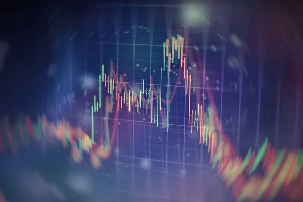 financial candlestick chart with line graph and stock numbers on gradient blue color background