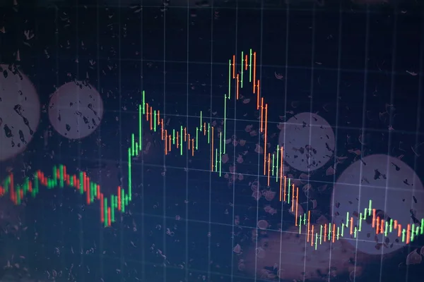 financial candlestick chart with line graph and stock numbers on gradient blue color background