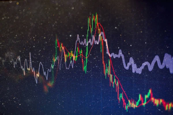 financial candlestick chart with line graph and stock numbers on gradient blue color background