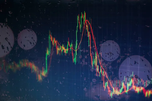 financial candlestick chart with line graph and stock numbers on gradient blue color background