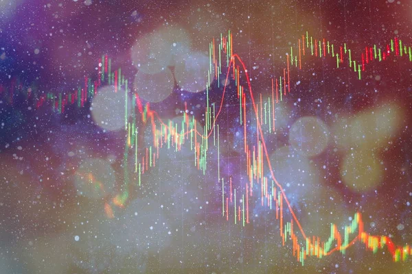 financial candlestick chart with line graph and stock numbers on gradient blue color background