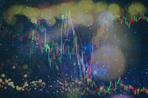 青のグラデーションの背景に線グラフとストック番号と金融のローソク足チャート — ストック写真