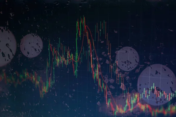 financial candlestick chart with line graph and stock numbers on gradient blue color background