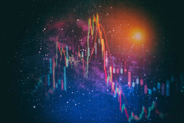 financial candlestick chart with line graph and stock numbers on gradient blue color background