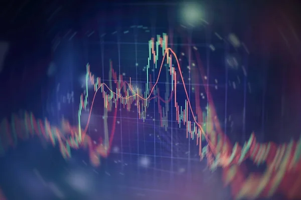 financial candlestick chart with line graph and stock numbers on gradient blue color background