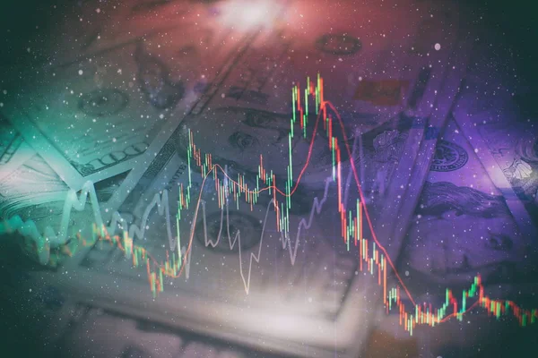 financial candlestick chart with line graph and stock numbers on gradient blue color background