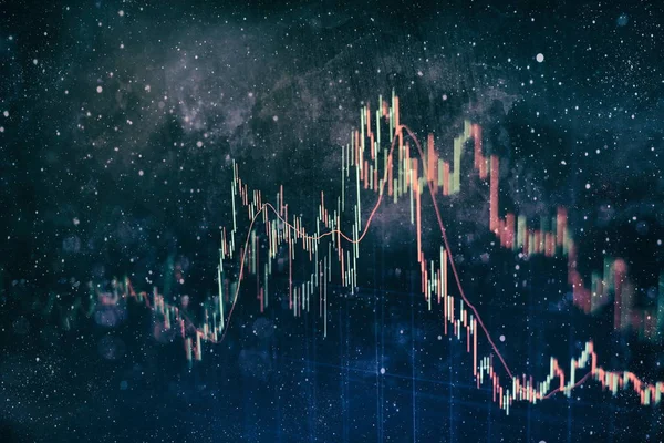 financial candlestick chart with line graph and stock numbers on gradient blue color background