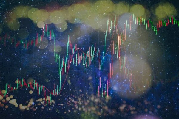 financial candlestick chart with line graph and stock numbers on gradient blue color background