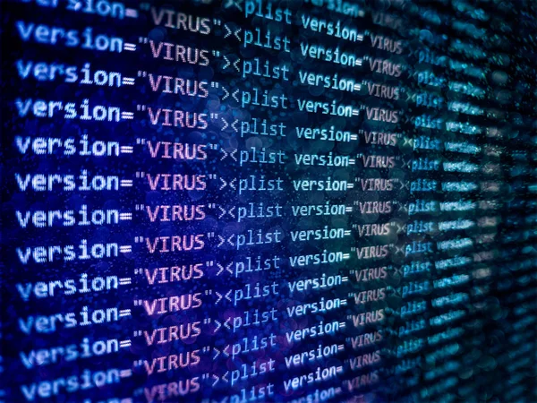 Virus detected, alert message. Scanning and identifying computer virus inside binary code listing.