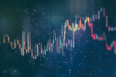 Teknik fiyat grafiği ve göstergesi, mavi ekranda kırmızı ve yeşil şamdan grafiği, piyasa dalgalanması, yükseliş ve düşüş eğilimi. Hisse senedi ticareti, kripto para birimi geçmişi.