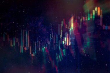 Teknik fiyat grafiği ve göstergesi, mavi ekranda kırmızı ve yeşil şamdan grafiği, piyasa dalgalanması, yükseliş ve düşüş eğilimi. Hisse senedi ticareti, kripto para birimi geçmişi.