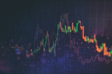 Teknik fiyat grafiği ve göstergesi, mavi ekranda kırmızı ve yeşil şamdan grafiği, piyasa dalgalanması, yükseliş ve düşüş eğilimi. Hisse senedi ticareti, kripto para birimi geçmişi.