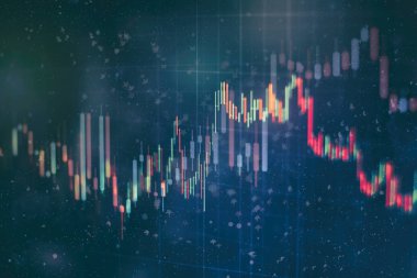 Teknik fiyat grafiği ve göstergesi, mavi ekranda kırmızı ve yeşil şamdan grafiği, piyasa dalgalanması, yükseliş ve düşüş eğilimi. Hisse senedi ticareti, kripto para birimi geçmişi.