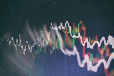 Teknik fiyat grafiği ve göstergesi, mavi ekranda kırmızı ve yeşil şamdan grafiği, piyasa dalgalanması, yükseliş ve düşüş eğilimi. Hisse senedi ticareti, kripto para birimi geçmişi.