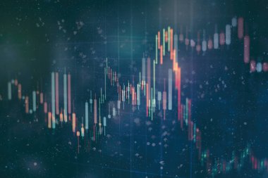 Teknik fiyat grafiği ve göstergesi, mavi ekranda kırmızı ve yeşil şamdan grafiği, piyasa dalgalanması, yükseliş ve düşüş eğilimi. Hisse senedi ticareti, kripto para birimi geçmişi.