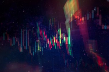 Teknik fiyat grafiği ve göstergesi, mavi ekranda kırmızı ve yeşil şamdan grafiği, piyasa dalgalanması, yükseliş ve düşüş eğilimi. Hisse senedi ticareti, kripto para birimi geçmişi.