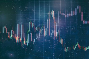 Teknik fiyat grafiği ve göstergesi, mavi ekranda kırmızı ve yeşil şamdan grafiği, piyasa dalgalanması, yükseliş ve düşüş eğilimi. Hisse senedi ticareti, kripto para birimi geçmişi.