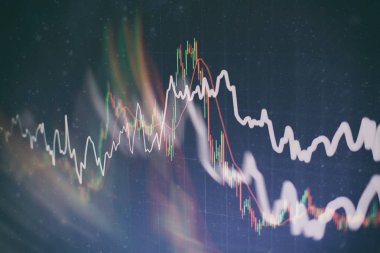 Teknik fiyat grafiği ve göstergesi, mavi ekranda kırmızı ve yeşil şamdan grafiği, piyasa dalgalanması, yükseliş ve düşüş eğilimi. Hisse senedi ticareti, kripto para birimi geçmişi.