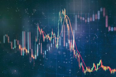 Teknik fiyat grafiği ve göstergesi, mavi ekranda kırmızı ve yeşil şamdan grafiği, piyasa dalgalanması, yükseliş ve düşüş eğilimi. Hisse senedi ticareti, kripto para birimi geçmişi.