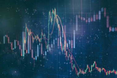 Teknik fiyat grafiği ve göstergesi, mavi ekranda kırmızı ve yeşil şamdan grafiği, piyasa dalgalanması, yükseliş ve düşüş eğilimi. Hisse senedi ticareti, kripto para birimi geçmişi.