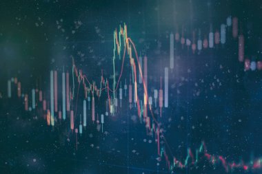 Teknik fiyat grafiği ve göstergesi, mavi ekranda kırmızı ve yeşil şamdan grafiği, piyasa dalgalanması, yükseliş ve düşüş eğilimi. Hisse senedi ticareti, kripto para birimi geçmişi.