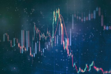 Teknik fiyat grafiği ve göstergesi, mavi ekranda kırmızı ve yeşil şamdan grafiği, piyasa dalgalanması, yükseliş ve düşüş eğilimi. Hisse senedi ticareti, kripto para birimi geçmişi.