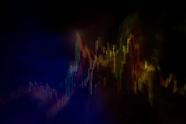 Technical price graph and indicator, red and green candlestick chart on blue theme screen, market volatility, up and down trend. Stock trading, crypto currency background.