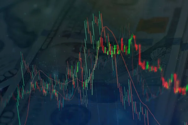 技術的な価格グラフと指標 青のテーマ画面上の赤と緑の燭台チャート 市場のボラティリティ 上下の傾向 株式取引 暗号通貨の背景 — ストック写真